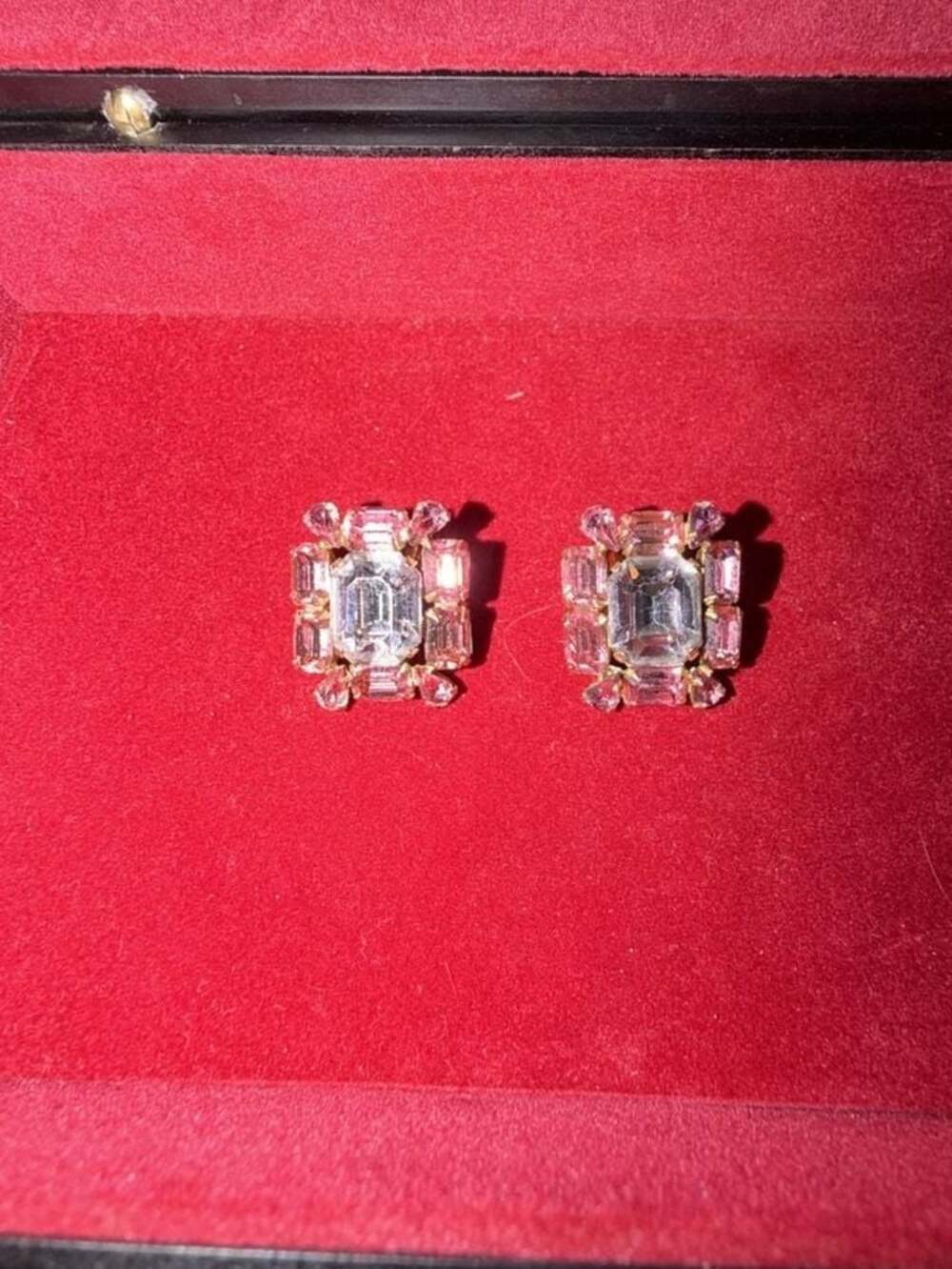 Vintage Kramer Gold Tone Emerald Cut and Pink Crystal Rhinestone Clip-On Earring - Picture 2 of 4